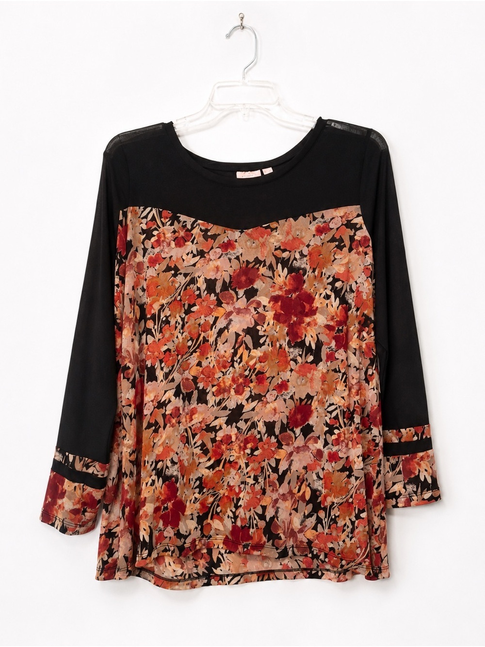LOGO Layers by Lori Goldstein 1X Floral Sheer Mesh Tunic Top Black Pink Orange